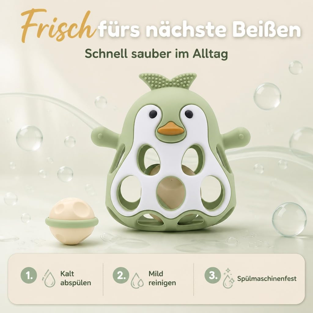 Farout Pinguin Rassel - Beißring Baby & Montessori Spielzeug - Motorikspielzeug Babyrassel Für 3 Monate - Babyspielzeug Ab 3 Monate, Geschenk Für Jungen & Mädchen. (Olive)