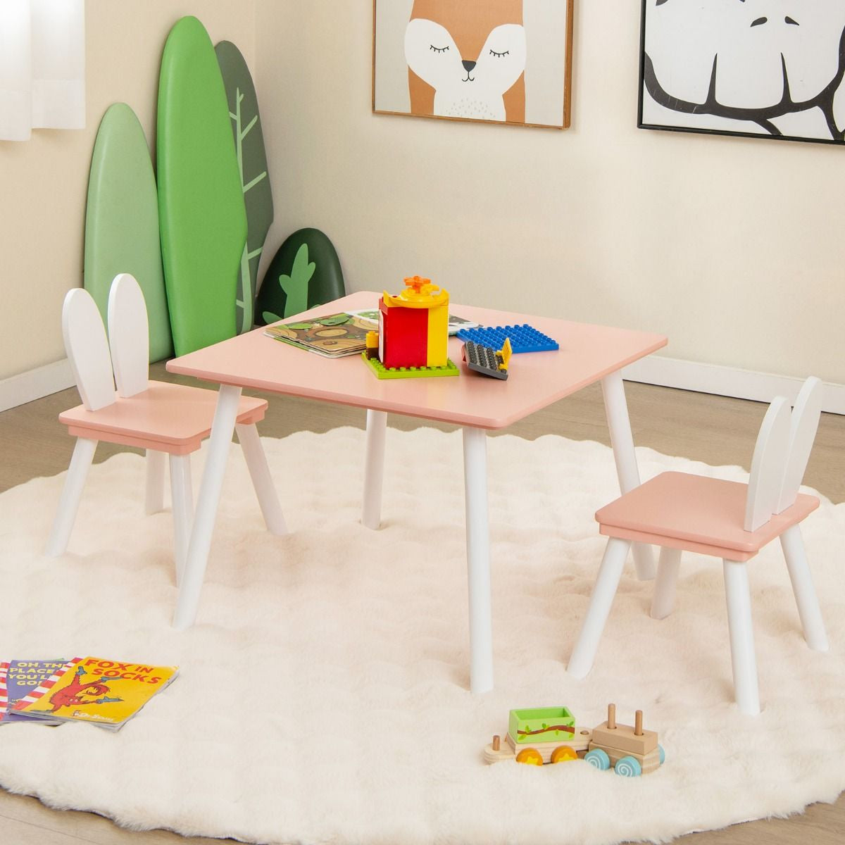 Kindertisch Mit 2 Stühlen 3 TLG. Kindersitzgruppe Mit Massivholzbeine Weiß/Rosa/Grau