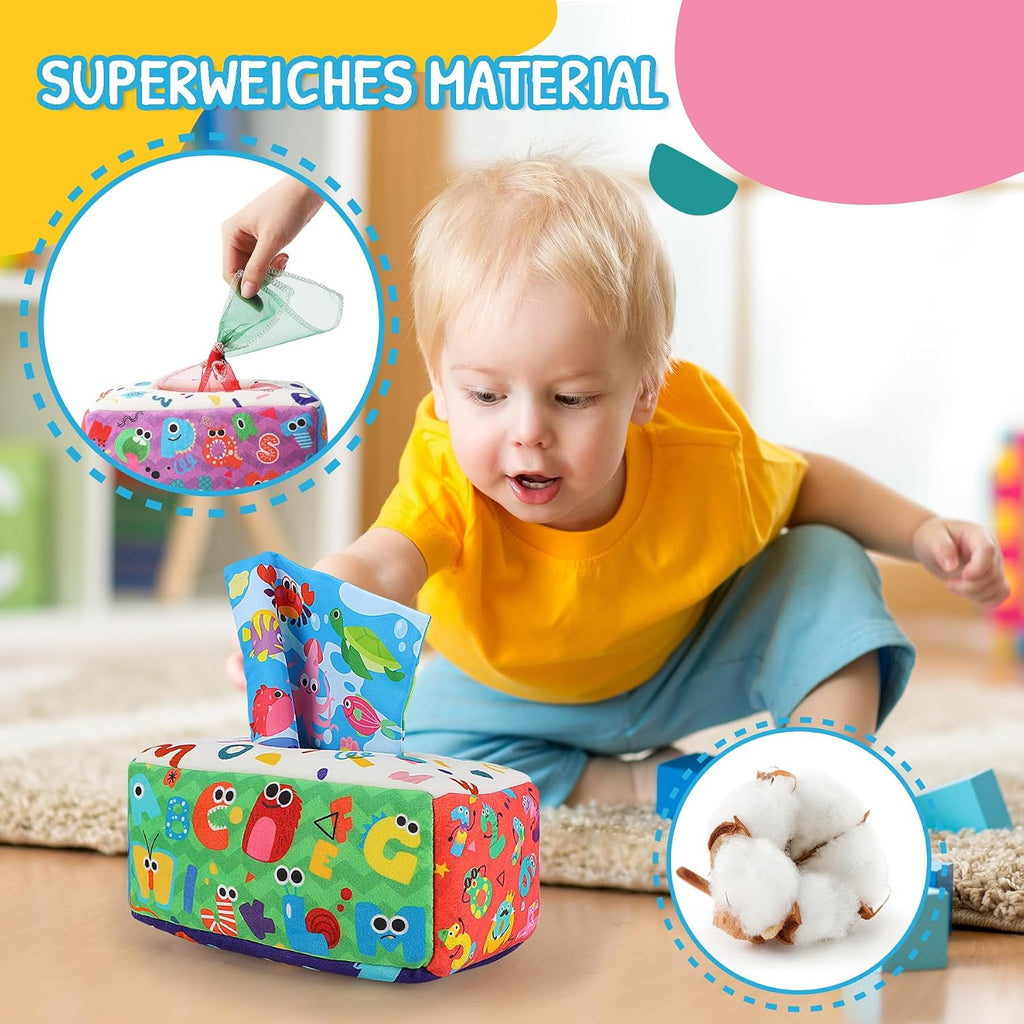 URMYWO Baby Spielzeug 6 Monate,Tissue Box Spielzeug - Montessori - Sensorik, Kontrast Babyspielzeug 0 6 12 Monate, Junge Mädchen Kinder Frühes Lernspielzeug Baby Geschenk