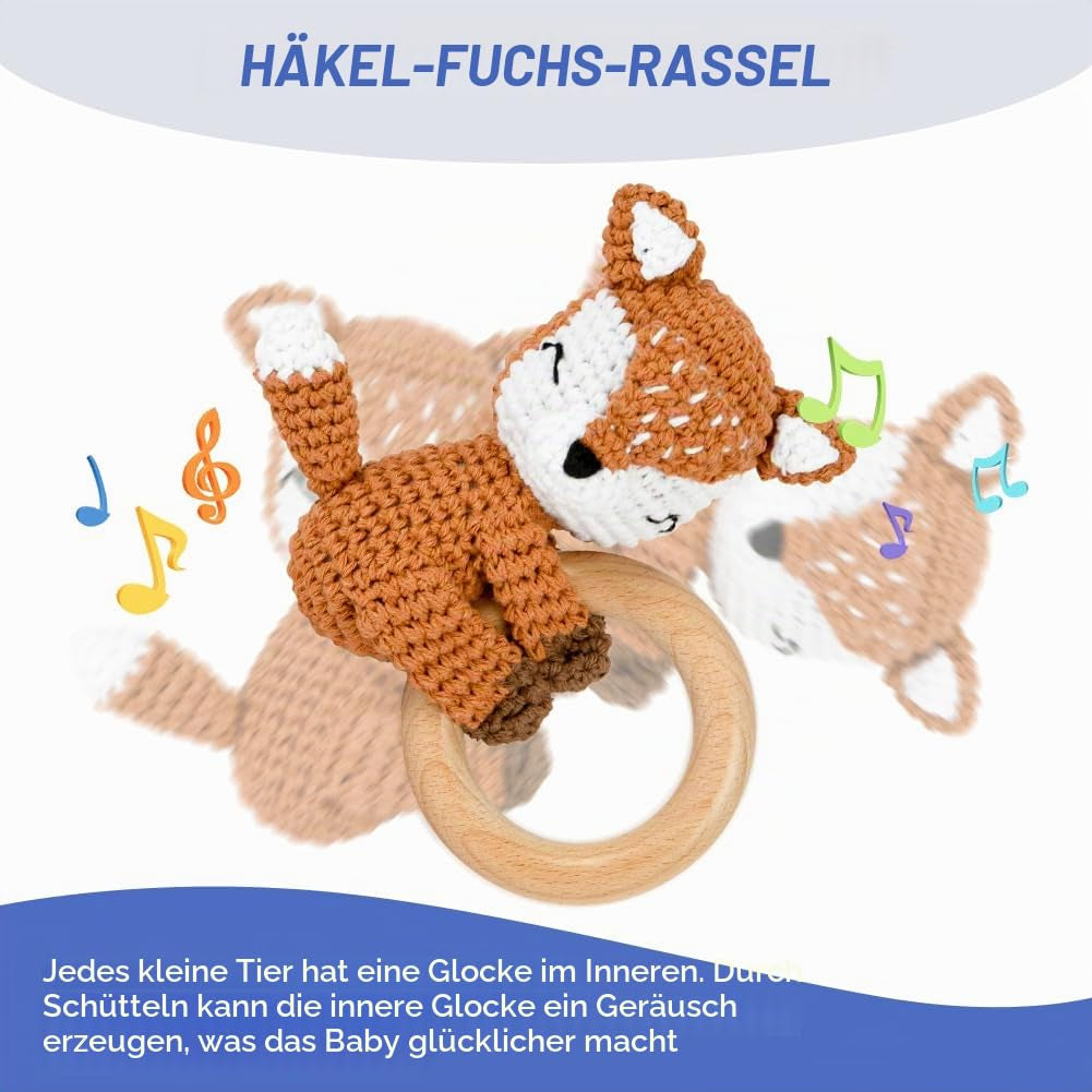 Babyrassel Gehäkelte Greifling, Beißring Baby, Niedlicher Greifling Für Baby, Zahnring Holz, Handmade Rassel Beißring Gehäkelte Tiere Spielzeug Für Babys & Kleinkinder Ab 0 Monate - Fuchs