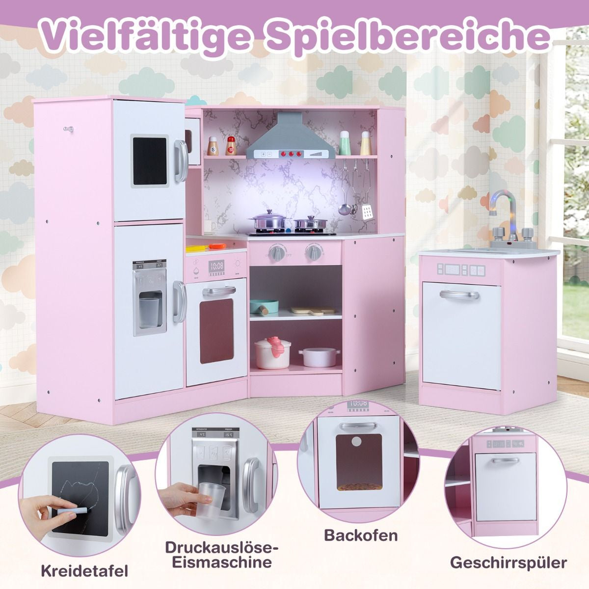 Holz Eck Kinderküche Mit Licht & Sound & Tafel & Zubehör Kinderküche Spielküche Holzküche