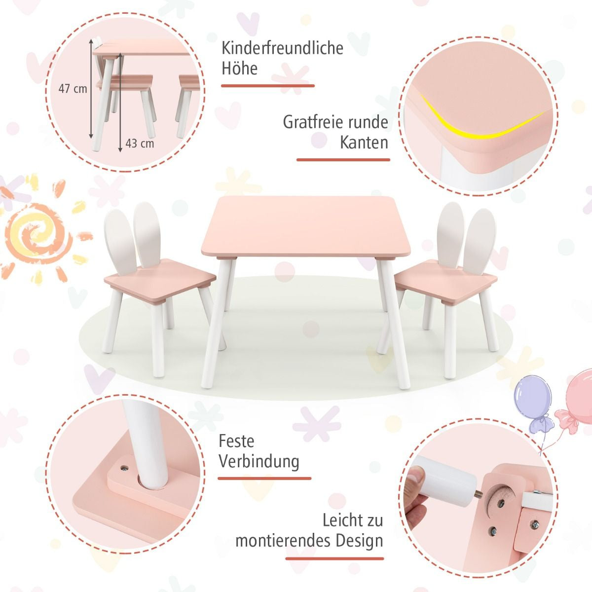 Kindertisch Mit 2 Stühlen 3 TLG. Kindersitzgruppe Mit Massivholzbeine Weiß/Rosa/Grau