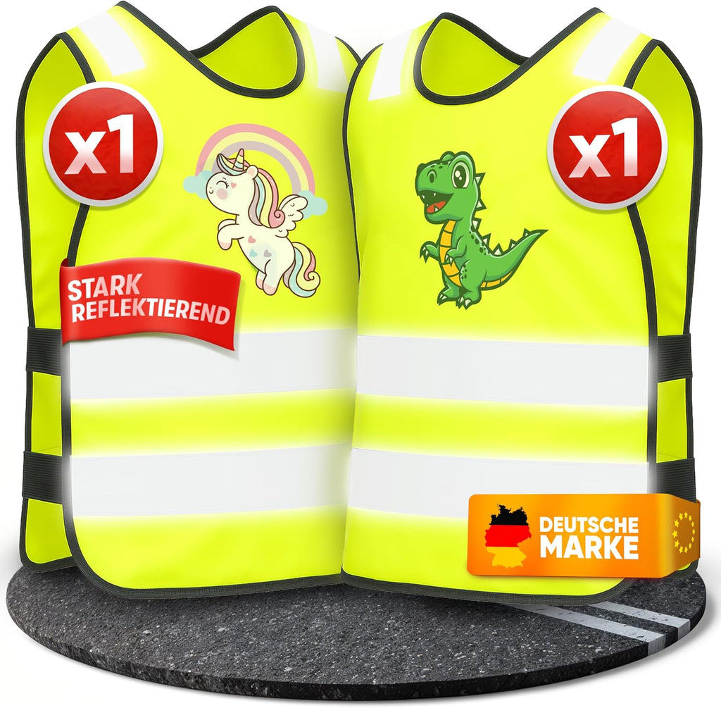 PURAHELP® Warnweste Kinder (3-12 Jahre) Sicherheitsweste [2 Stück] | [Dino & Einhorn] Für Den Schulweg, Fahrrad, Kindergarten - Reflektierende Warnweste Gelb