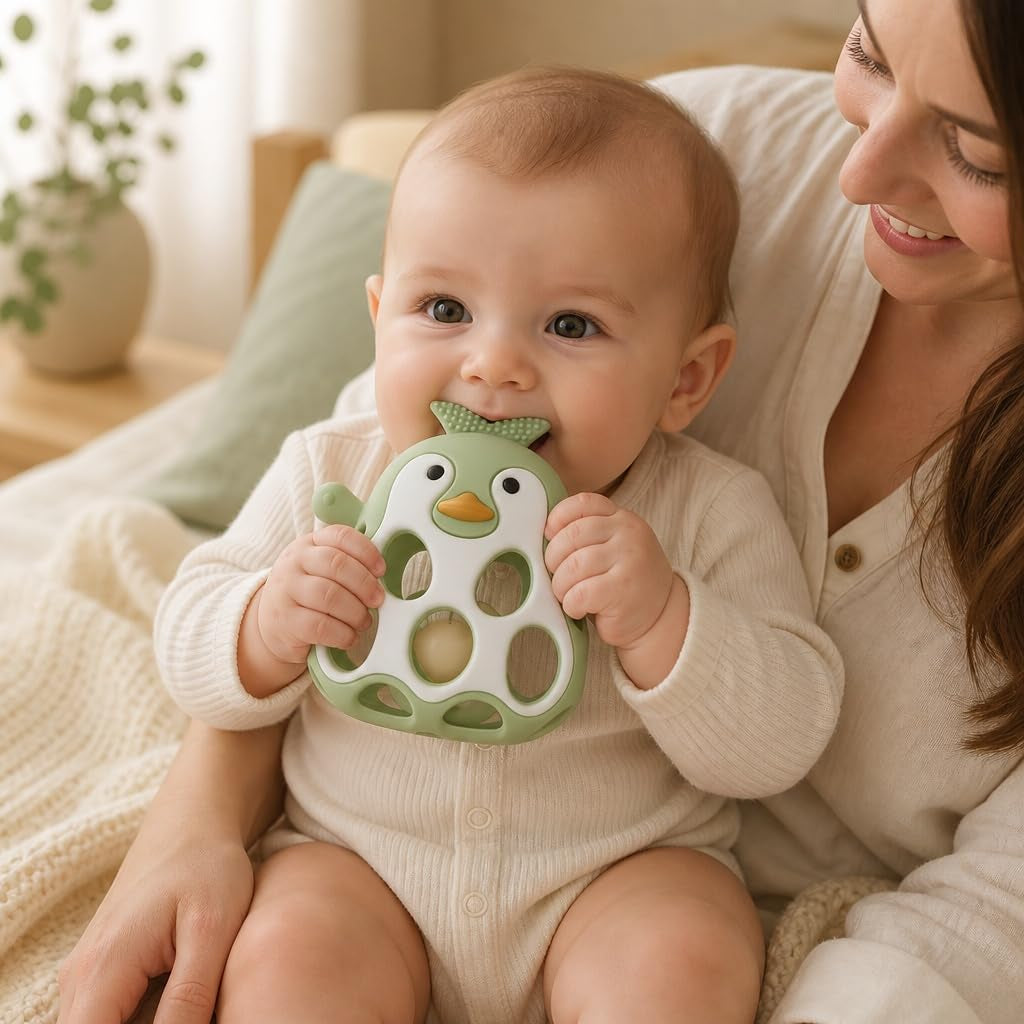 Farout Pinguin Rassel - Beißring Baby & Montessori Spielzeug - Motorikspielzeug Babyrassel Für 3 Monate - Babyspielzeug Ab 3 Monate, Geschenk Für Jungen & Mädchen. (Olive)