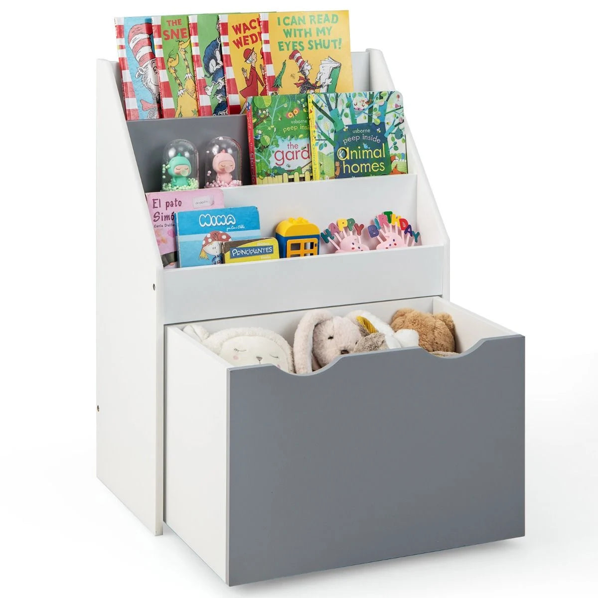 Kinderregal Mit 3 Ablagen & Rollender Spielzeugkiste Kinder Bücherregal Grau + Weiß
