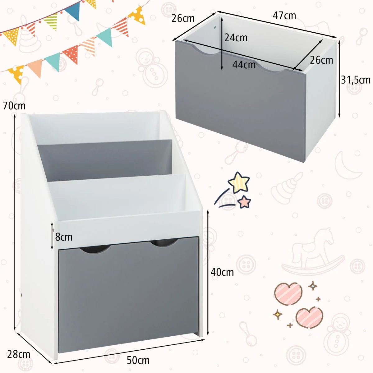 Kinderregal Mit 3 Ablagen & Rollender Spielzeugkiste Kinder Bücherregal Grau + Weiß