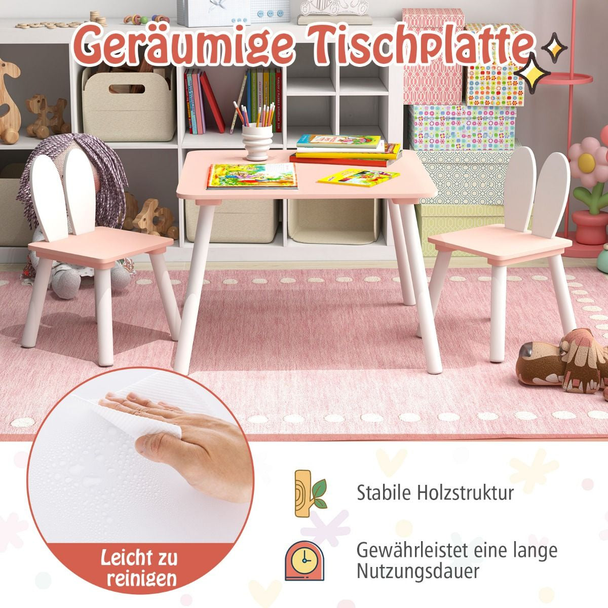 Kindertisch Mit 2 Stühlen 3 TLG. Kindersitzgruppe Mit Massivholzbeine Weiß/Rosa/Grau