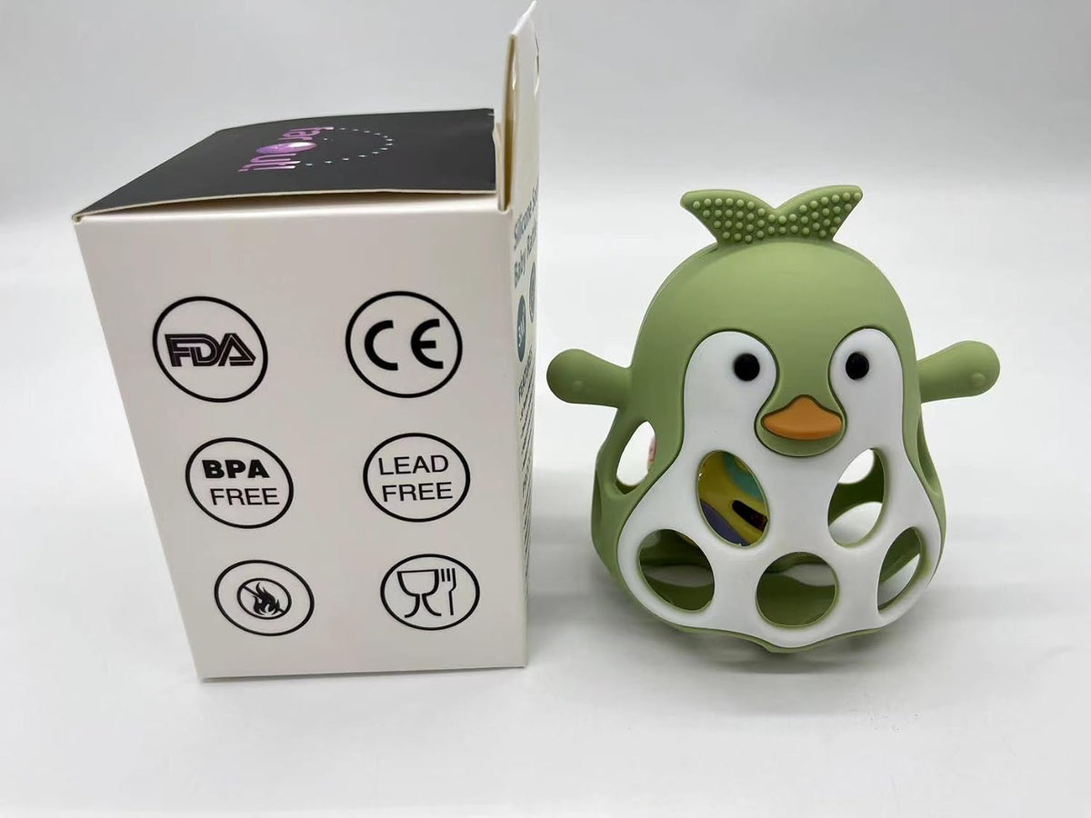 Farout Pinguin Rassel - Beißring Baby & Montessori Spielzeug - Motorikspielzeug Babyrassel Für 3 Monate - Babyspielzeug Ab 3 Monate, Geschenk Für Jungen & Mädchen. (Olive)
