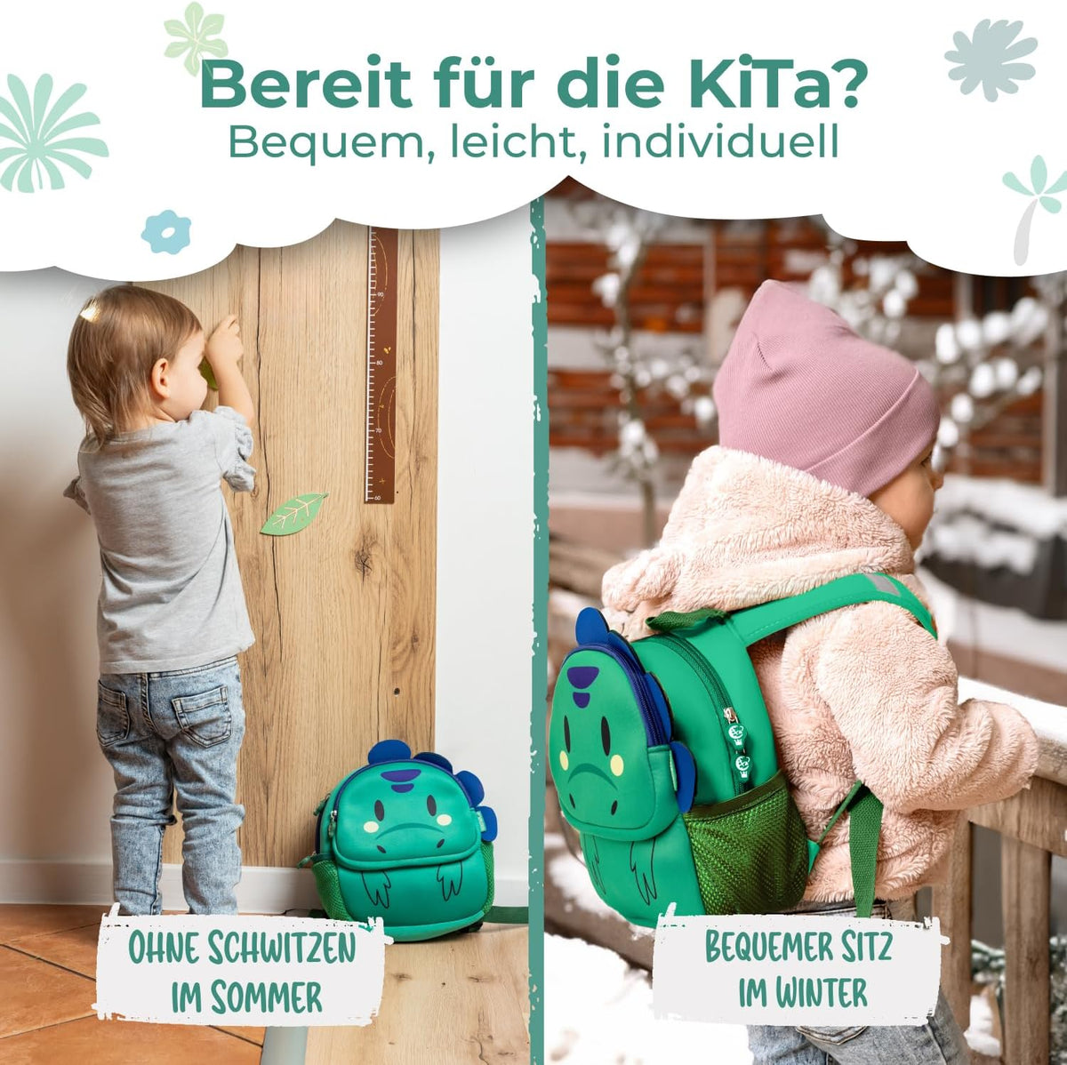 REISERACKER Kindergartenrucksack Ab 1 Jahr Mit Tiermotiv Für Kita – Grün | Wasserabweisend & Kratzfest Mit Reflektoren – Zwei Hauptfächer, Namensschild & Kinderfreundlicher Reißverschluss