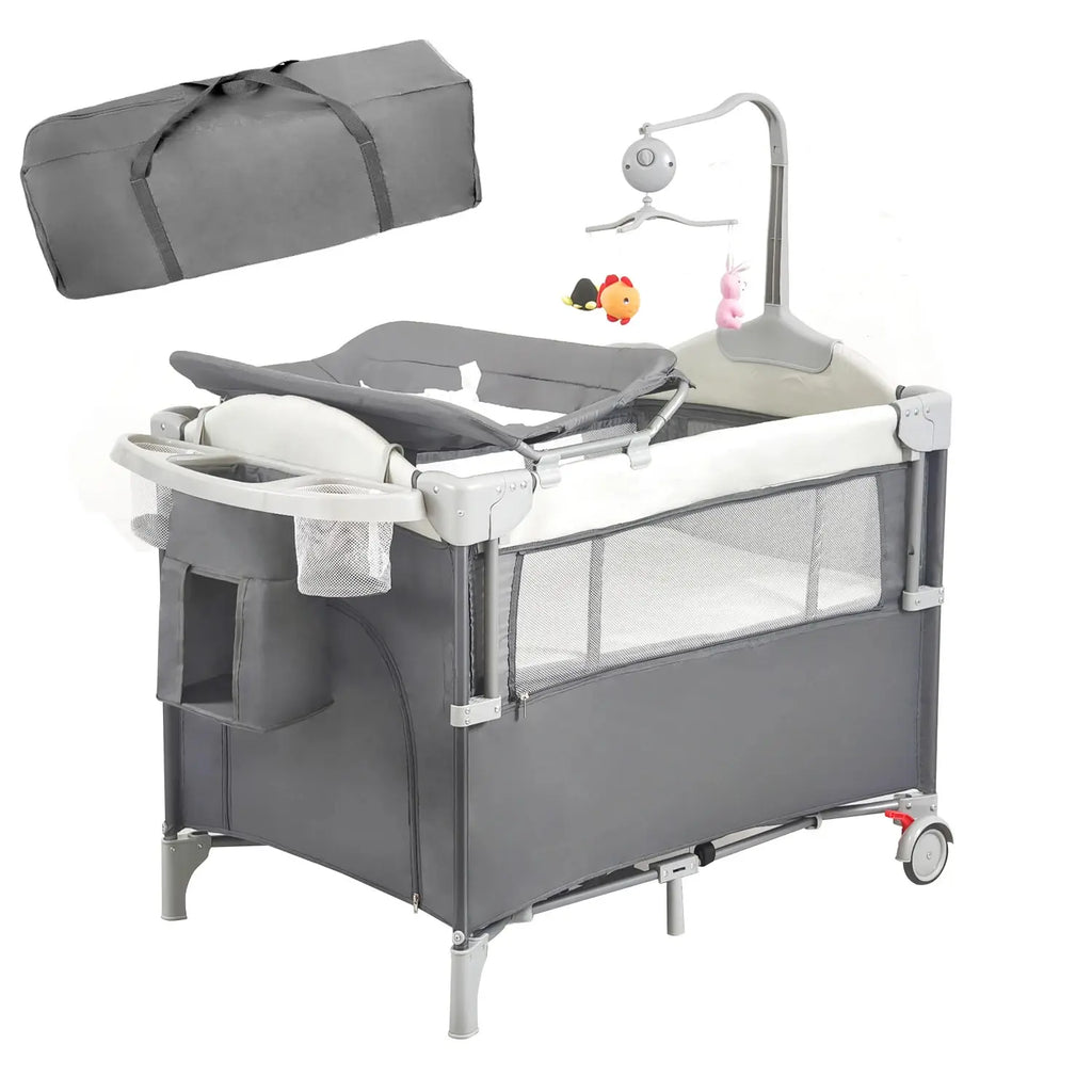 Aobtkel Rectangular Steel Frame Metal Pack and Play Playard - Nursery Furniture for Newborn & Infant (0-2 Years, under 35In Tall, 39.4"X27.6"X30.3") with Bassinet, Changing Table, Lockable Wheels, Portable Music Box, Foldable