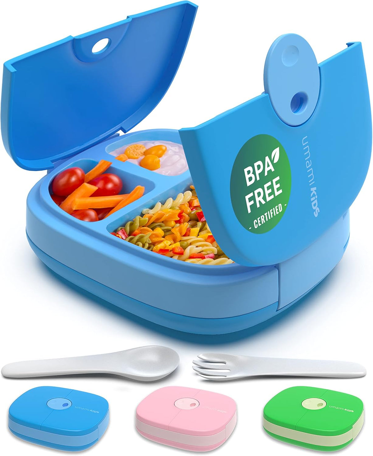 Umami Bento Box Kinder, 3 Fächern, Besteck, Auslaufsicher, 3 Bis 9 Jahre | 800Ml, Bpa-Frei, Spülmaschinenfest, Leicht Zu Öffnen Für Kleine Hände, Für Schule, Kindergarten, Blau