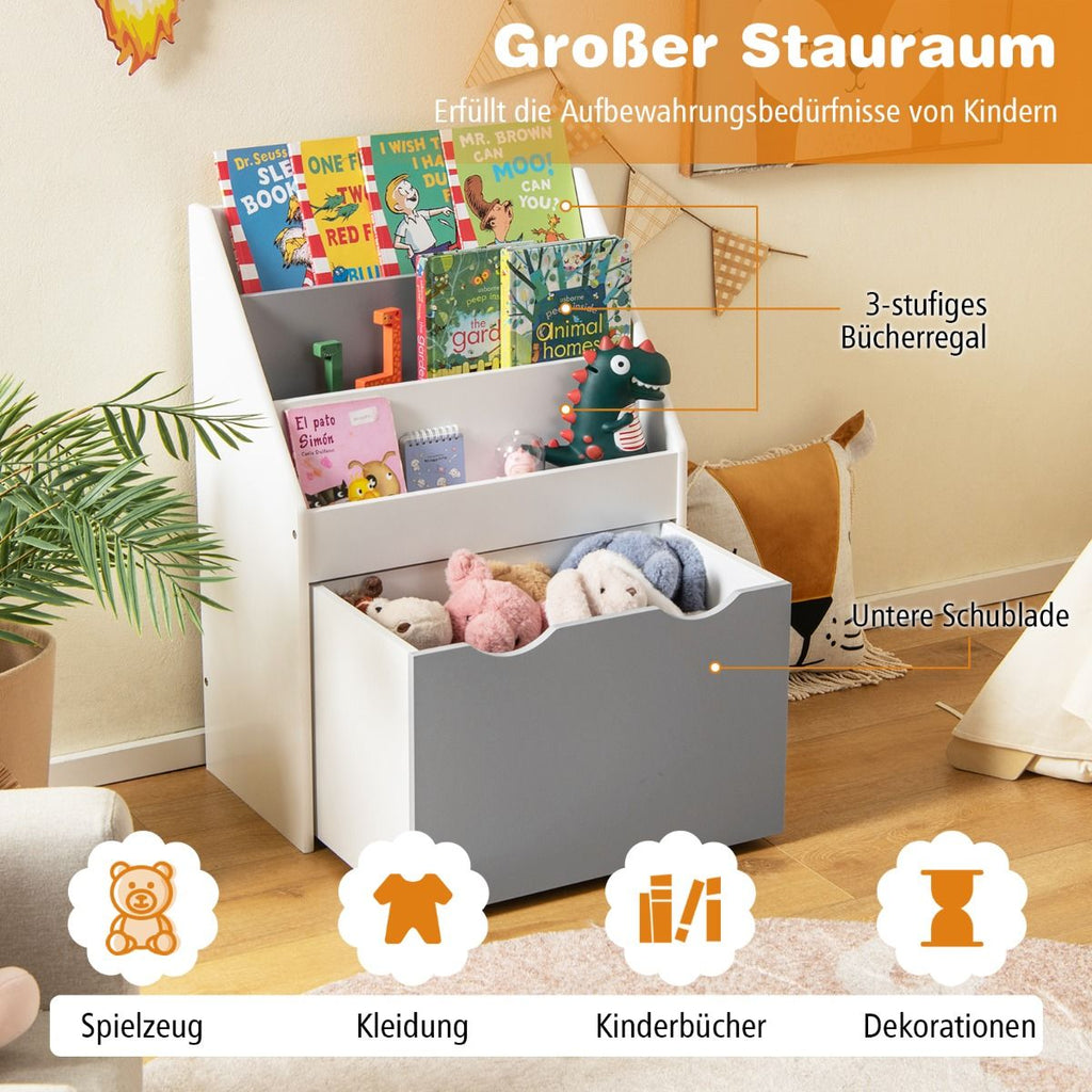 Kinderregal Mit 3 Ablagen & Rollender Spielzeugkiste Kinder Bücherregal Grau + Weiß