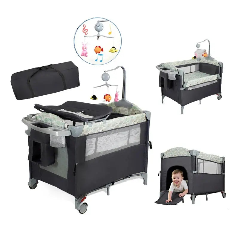 Aobtkel Rectangular Steel Frame Metal Pack and Play Playard - Nursery Furniture for Newborn & Infant (0-2 Years, under 35In Tall, 39.4"X27.6"X30.3") with Bassinet, Changing Table, Lockable Wheels, Portable Music Box, Foldable