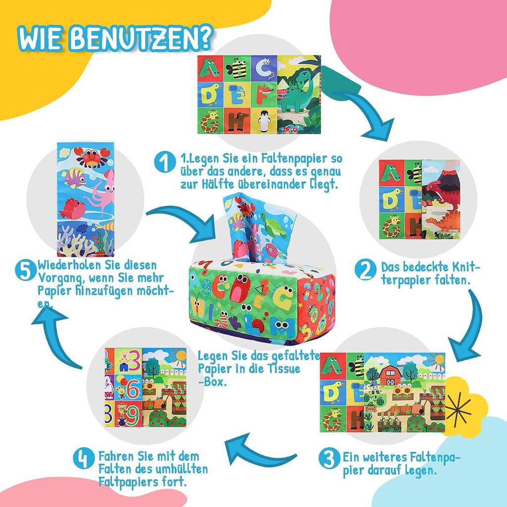 URMYWO Baby Spielzeug 6 Monate,Tissue Box Spielzeug - Montessori - Sensorik, Kontrast Babyspielzeug 0 6 12 Monate, Junge Mädchen Kinder Frühes Lernspielzeug Baby Geschenk