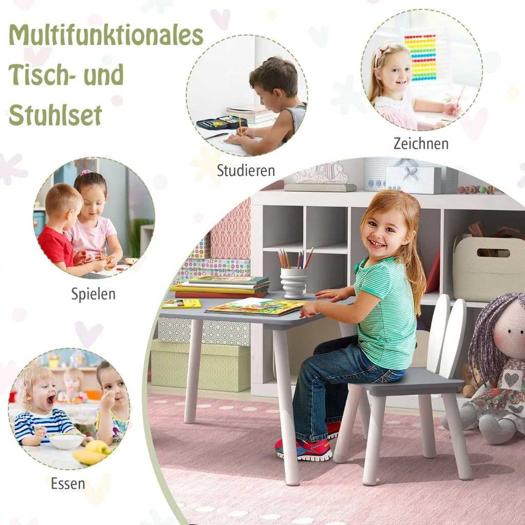 Kindertisch Mit 2 Stühlen 3 TLG. Kindersitzgruppe Mit Massivholzbeine Weiß/Rosa/Grau