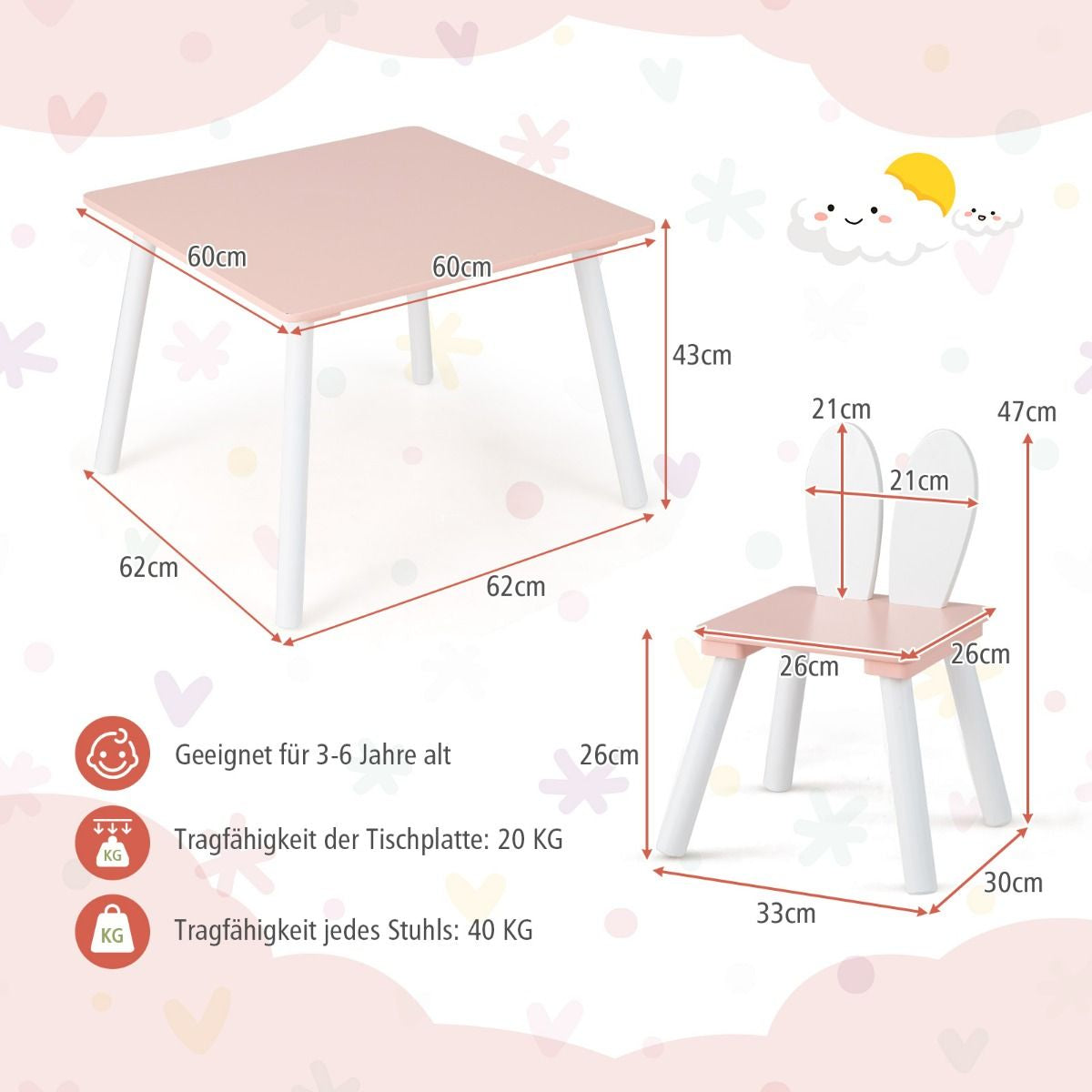 Kindertisch Mit 2 Stühlen 3 TLG. Kindersitzgruppe Mit Massivholzbeine Weiß/Rosa/Grau