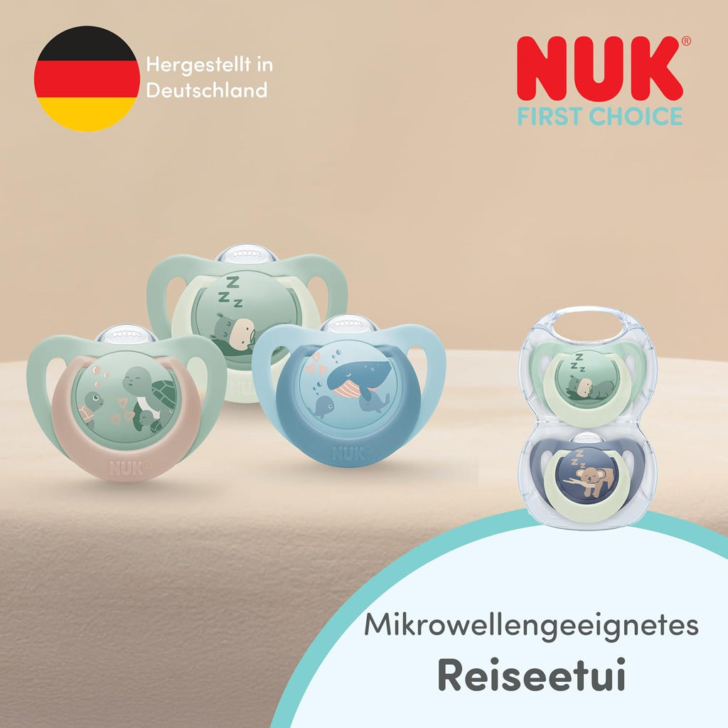 NUK First Choice Night Baby Schnuller | 6-18 Monate | Orthodontische Schnuller, Die Im Dunkeln Leuchten | Beruhigt 99% Aller Babys** | Nilpferd/Koala | 0-2 Stück
