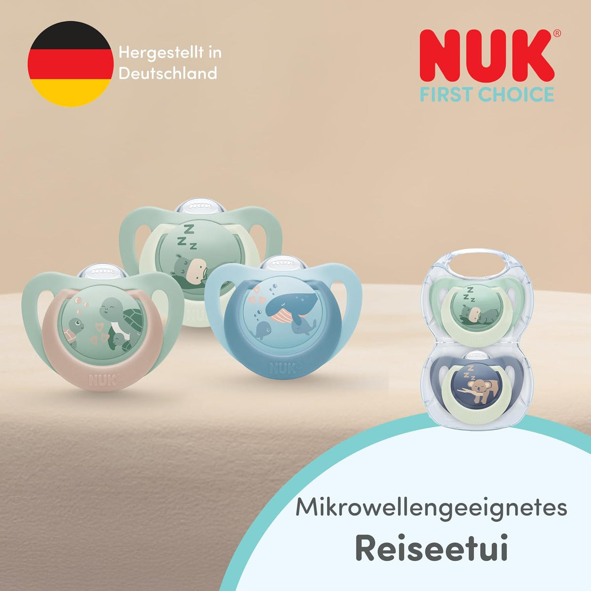 NUK First Choice Night Baby Schnuller | 6-18 Monate | Orthodontische Schnuller, Die Im Dunkeln Leuchten | Beruhigt 99% Aller Babys** | Nilpferd/Koala | 0-2 Stück